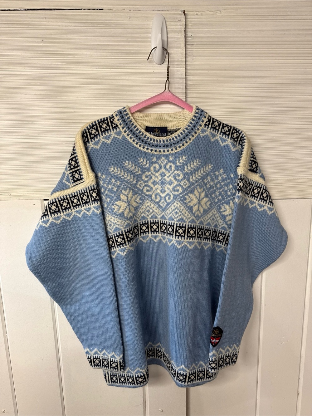 Light Blue Fair Isle Crewneck Sweater with Cream & Black Accents 100%wool